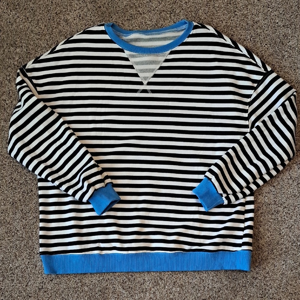 Striped Black and White Sweater with Blue Accents Womens